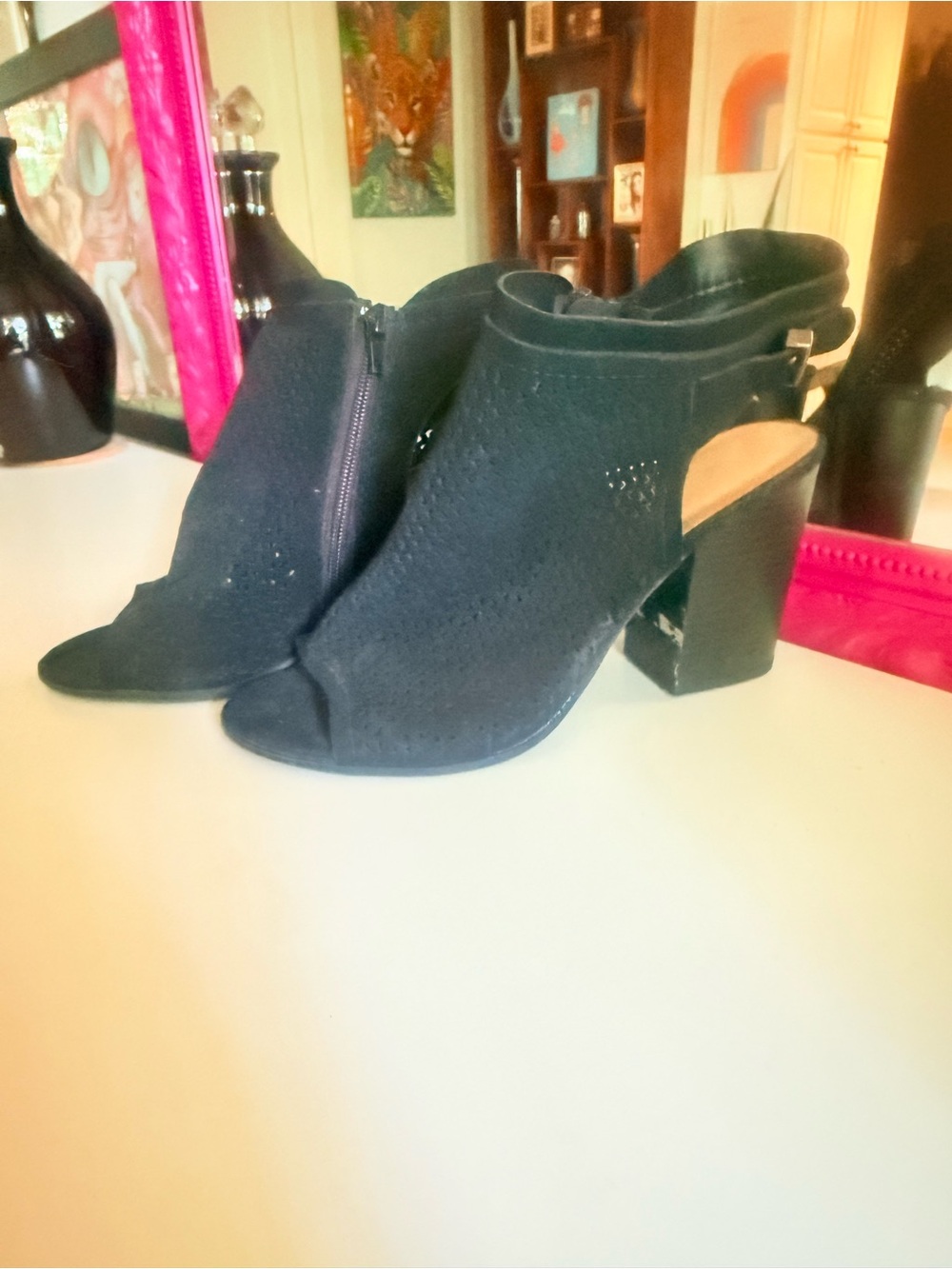 Women's Black Peep-Toe Block Heel Booties